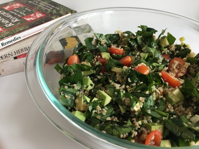 Quinoa Spinach Avocado Salad, Perfect Spa Cuisine to improve your health and skin. PatrinaRutherford.com